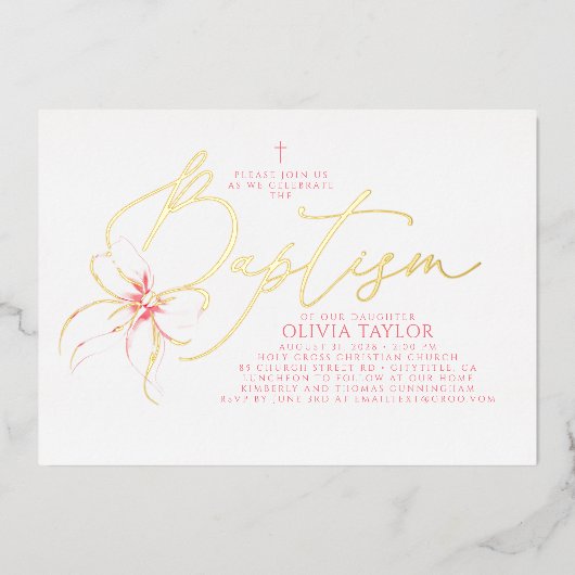 Blush Pink Bow Elegant Minimalist Girl Baptism 箔招待状 (正面)