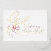 Blush Pink Bow Elegant Modern Girl Baby Shower 箔招待状 (正面)