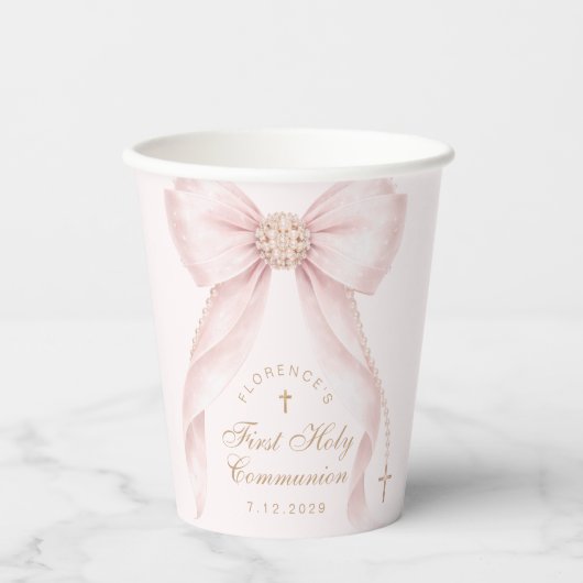 Blush Pink Bow First Holy Communion Coquette 紙コップ (正面)