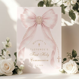 Blush pink Bow First Holy Communion Welcome ポスター