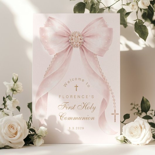 Blush pink Bow First Holy Communion Welcome ポスター