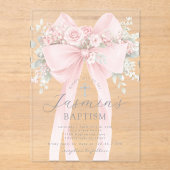 Blush Pink Bow Floral Baby Girl Baptism アクリル招待状 (正面)