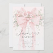 Blush Pink Bow Floral Baby Girl Baptism 招待状 (正面)