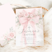 Blush Pink Bow Floral Baby Girl Baptism 招待状