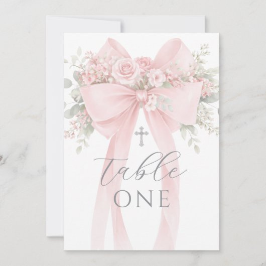 Blush Pink Bow Floral Baptism Table Number 招待状 (正面)