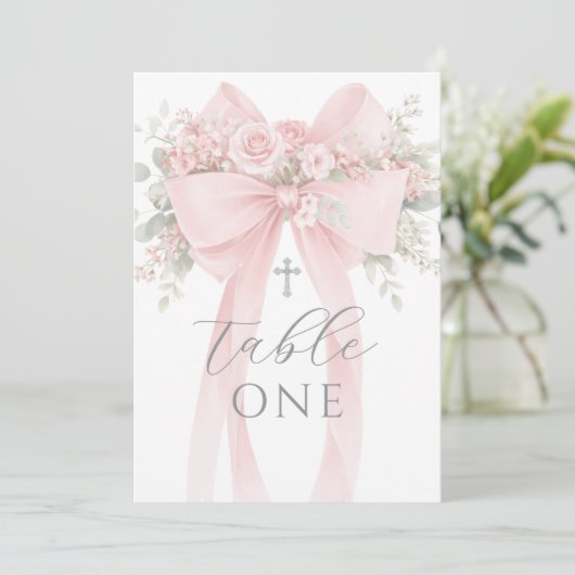 Blush Pink Bow Floral Baptism Table Number 招待状 (スタンド正面)