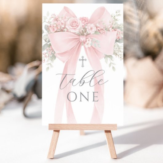 Blush Pink Bow Floral Baptism Table Number 招待状