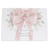 Blush Pink Bow Floral First Holy Communion ラージペーパーバッグ (正面)