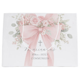 Blush Pink Bow Floral First Holy Communion ラージペーパーバッグ