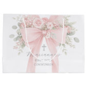 Blush Pink Bow Floral First Holy Communion ラージペーパーバッグ (裏面)