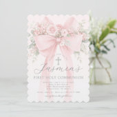 Blush Pink Bow Floral First Holy Communion 招待状 (スタンド正面)