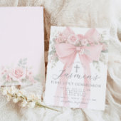 Blush Pink Bow Floral First Holy Communion 招待状