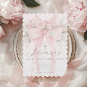 Blush Pink Bow Floral First Holy Communion 招待状
