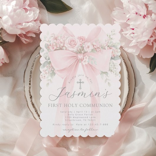Blush Pink Bow Floral First Holy Communion 招待状