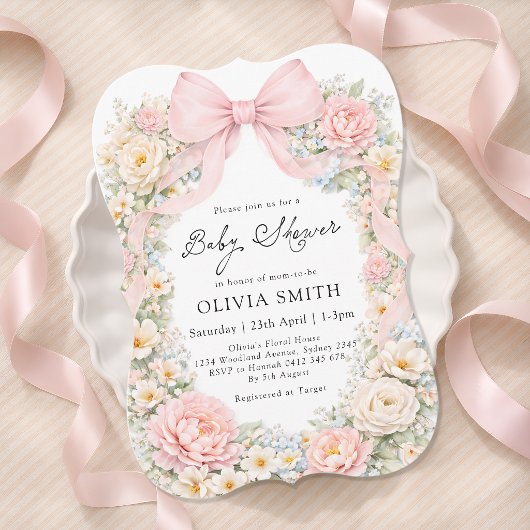 Blush Pink Bow Floral Girl Baby Shower 招待状