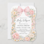 Blush Pink Bow Floral Girl Baby Shower 招待状 (正面)