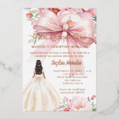 Blush pink bow florals dress rose gold Quinceanera 箔招待状 (正面)
