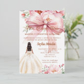 Blush pink bow florals dress rose gold Quinceanera 箔招待状 (立ち正面)
