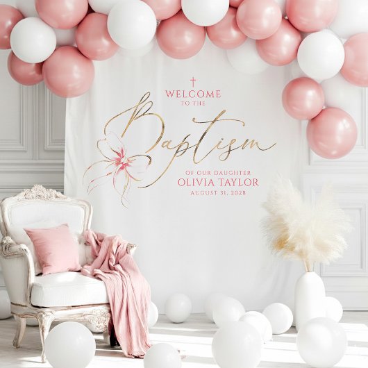 Blush Pink Bow Girl Baptism Photo Backdrop Welcome タペストリー