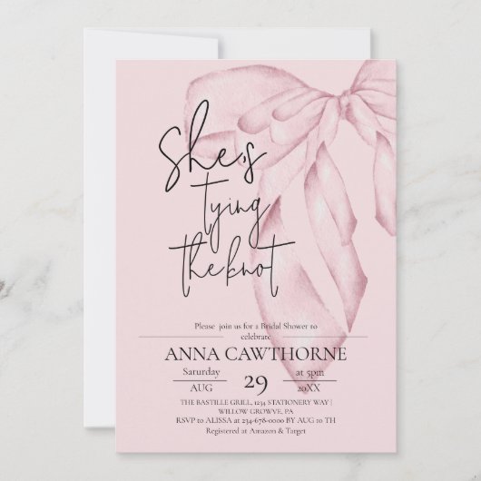 Blush Pink Bow ⎮Modern Elegant Bridal Shower 招待状 (正面)