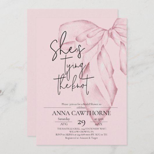 Blush Pink Bow ⎮Modern Elegant Bridal Shower 招待状 (正面/裏面)