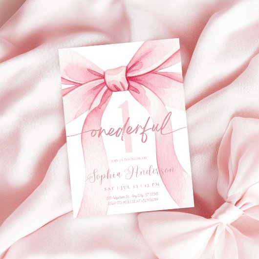 Blush Pink Bow Onederful 1st Birthday 招待状