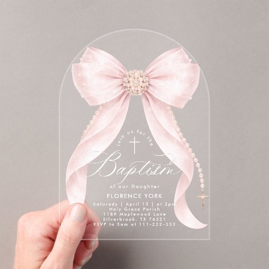 Blush Pink Bow Pearls Baby Girl Baptism Religious アクリル招待状 (インサイチュ (ポータブル))