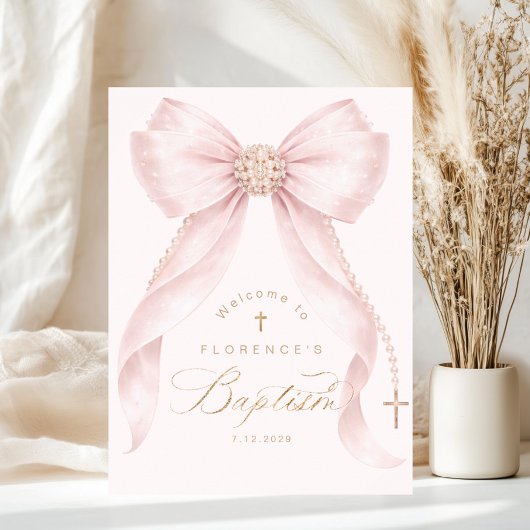 Blush pink Bow Pearls Girl Baptism Welcome ポスター