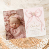 Blush Pink Bow Pearls Gold Cross photo Baptism 招待状