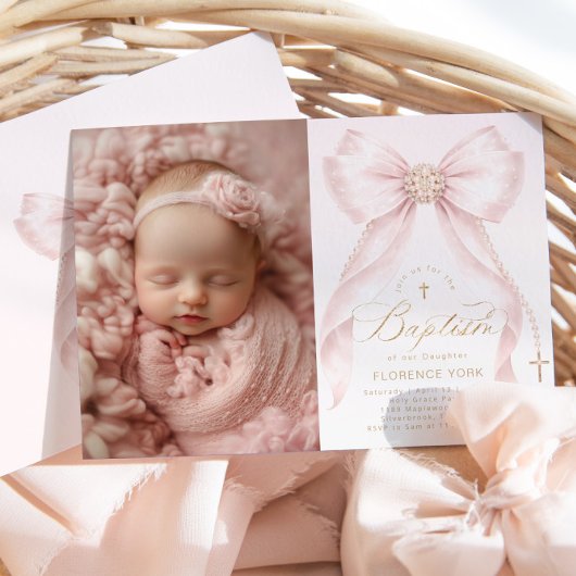 Blush Pink Bow Pearls Gold Cross photo Baptism 招待状