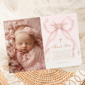 Blush Pink Bow Photo Baptism Thank you Card 招待状