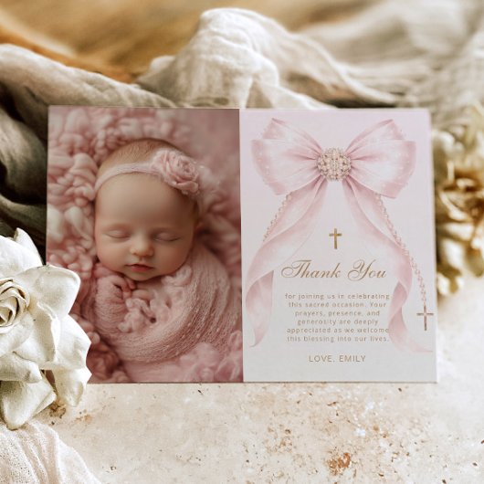 Blush Pink Bow Photo Baptism Thank you Card 招待状