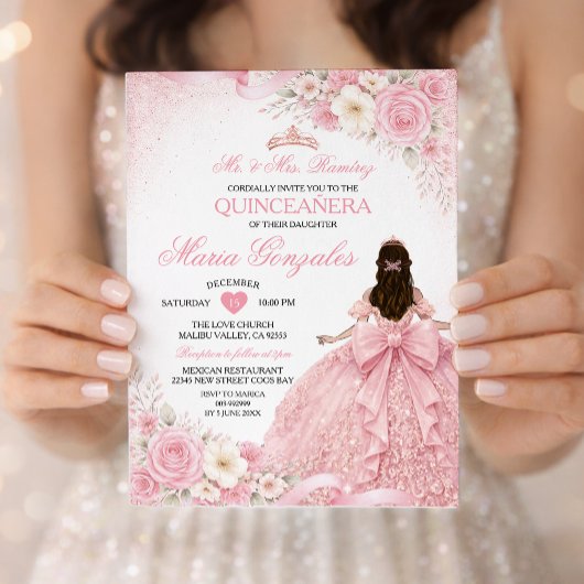 Blush Pink Bow Princess Floral Girl Quinceañera 招待状