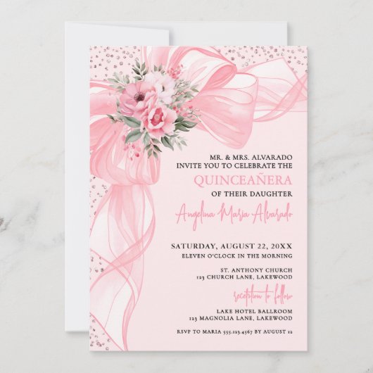 Blush Pink Bow Quinceanera 招待状 (正面)