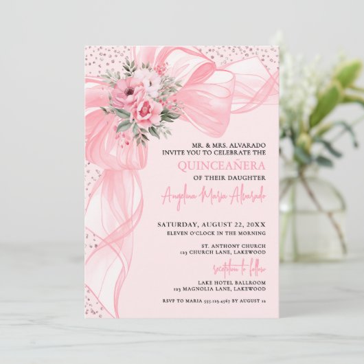 Blush Pink Bow Quinceanera 招待状 (スタンド正面)