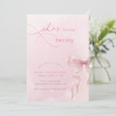 Blush Pink Bow Ribbon Girls 20th Birthday Party 招待状 (スタンド正面)