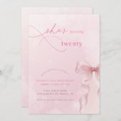 Blush Pink Bow Ribbon Girls 20th Birthday Party 招待状 (正面/裏面)