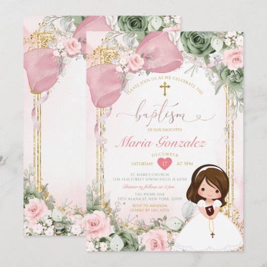 Blush Pink Bow & Sage Green Floral Girl Baptism 招待状 (正面/裏面)