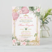 Blush Pink Bow & Sage Green Floral Quinceañera 招待状 (スタンド正面)