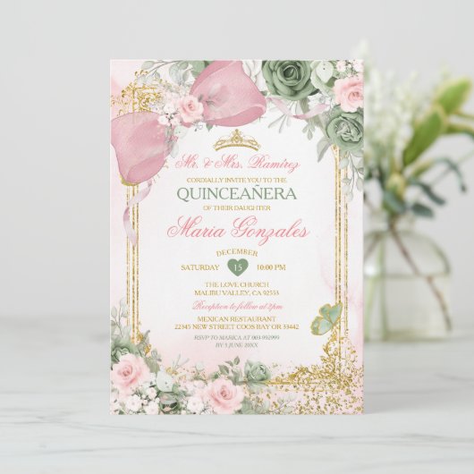 Blush Pink Bow & Sage Green Floral Quinceañera 招待状 (スタンド正面)