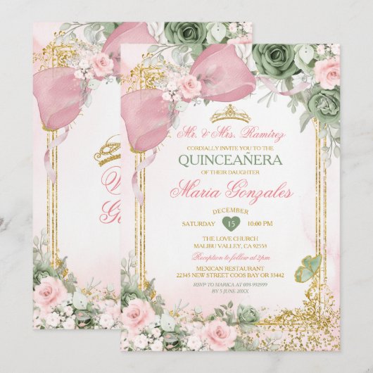 Blush Pink Bow & Sage Green Floral Quinceañera 招待状 (正面/裏面)