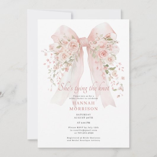 Blush Pink Bow She's Tying the Knot Bridal Shower 招待状 (正面)