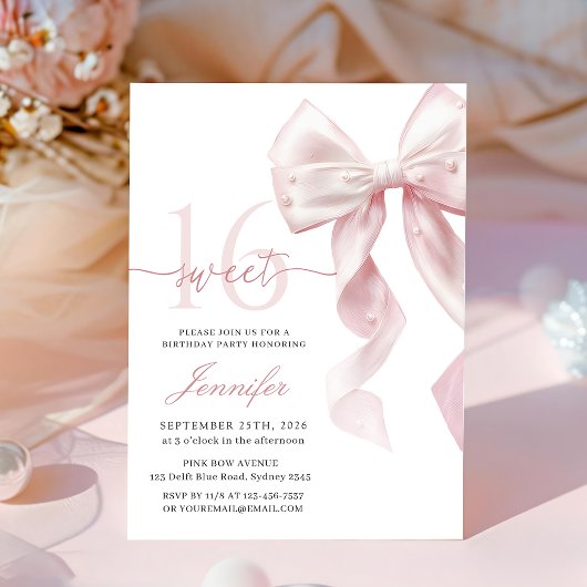 Blush Pink Bow Sweet 16 Birthday Invitation 招待状