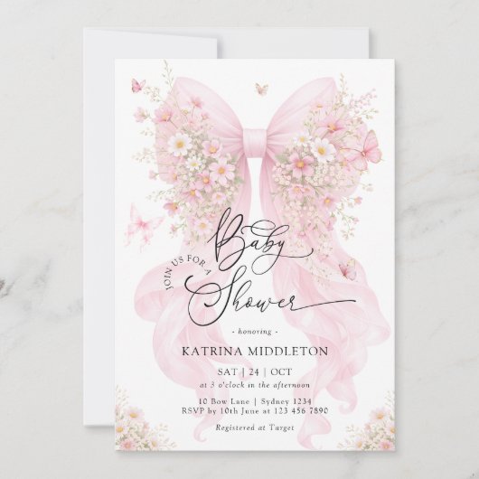 Blush Pink Bow Wildflower Butterfly Baby Shower 招待状 (正面)
