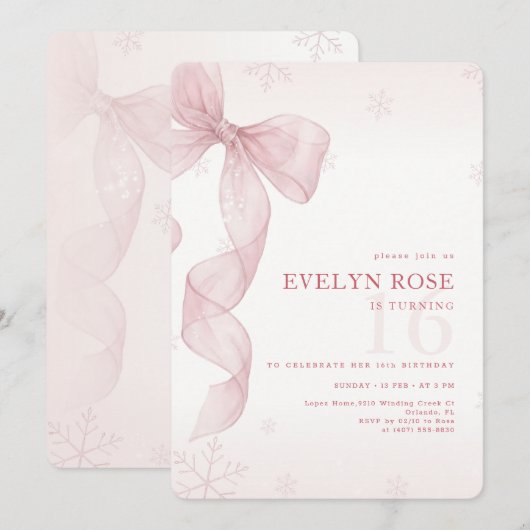 Blush Pink Bow Winter Snowflake 16th Birthday 招待状 (正面/裏面)