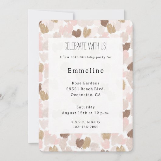 Blush Pink Brown Cream Hearts Birthday 招待状 (正面)