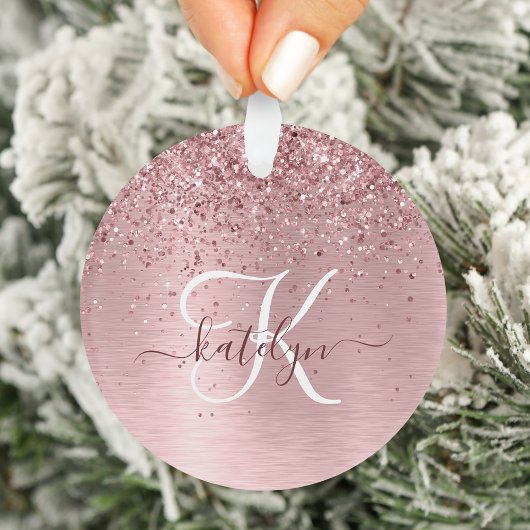 Blush Pink Brushed Metal Glitter Monogram Name オーナメント
