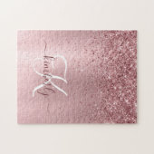 Blush Pink Brushed Metal Glitter Monogram Name ジグソーパズル (横)
