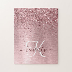 Blush Pink Brushed Metal Glitter Monogram Name ジグソーパズル