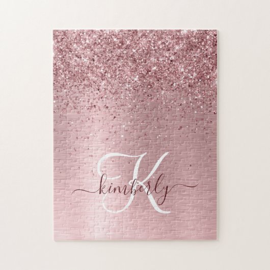 Blush Pink Brushed Metal Glitter Monogram Name ジグソーパズル (縦)